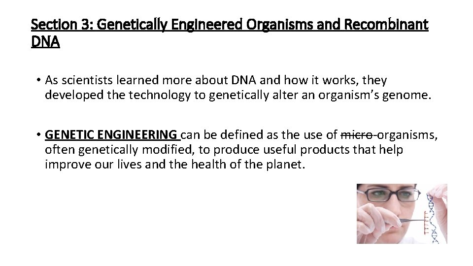 Section 3: Genetically Engineered Organisms and Recombinant DNA • As scientists learned more about