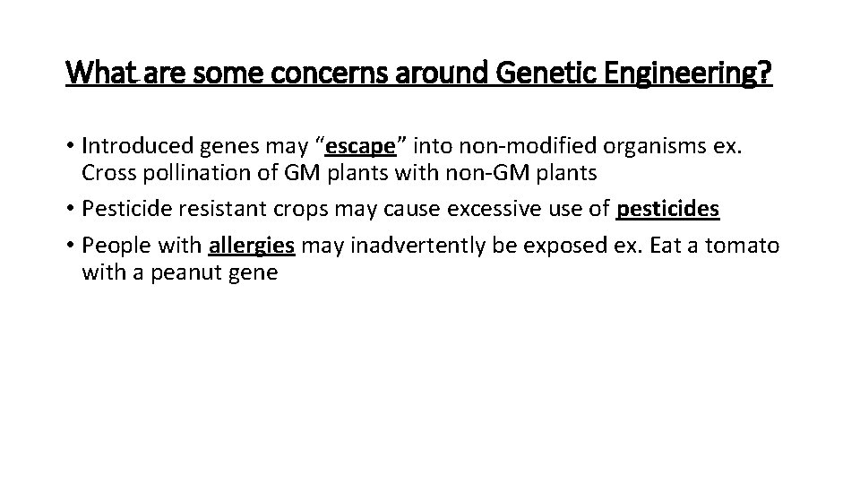 What are some concerns around Genetic Engineering? • Introduced genes may “escape” into non-modified