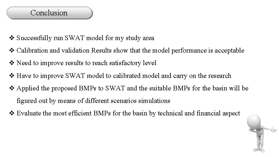 Conclusion v Successfully run SWAT model for my study area v Calibration and validation