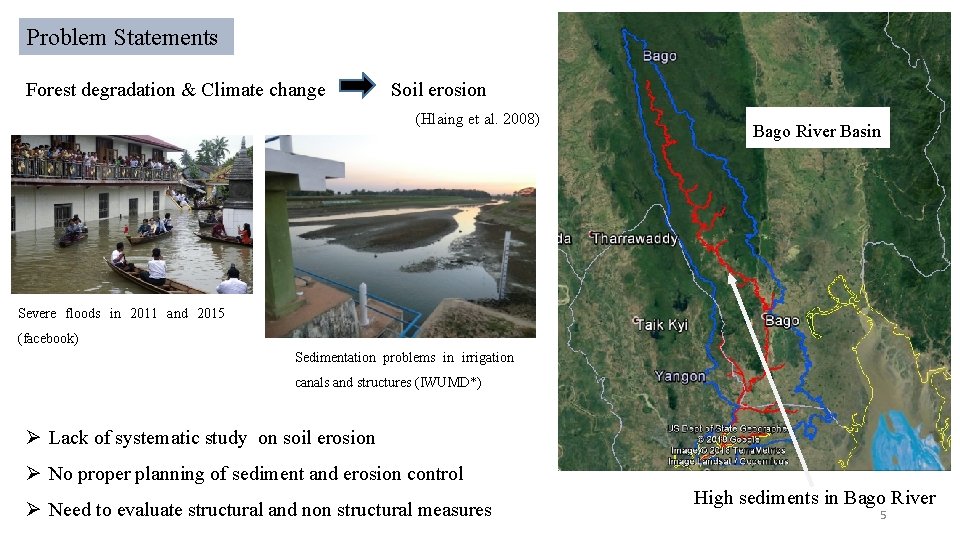 Problem Statements Forest degradation & Climate change Soil erosion (Hlaing et al. 2008) Bago