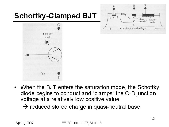 Schottky-Clamped BJT • When the BJT enters the saturation mode, the Schottky diode begins