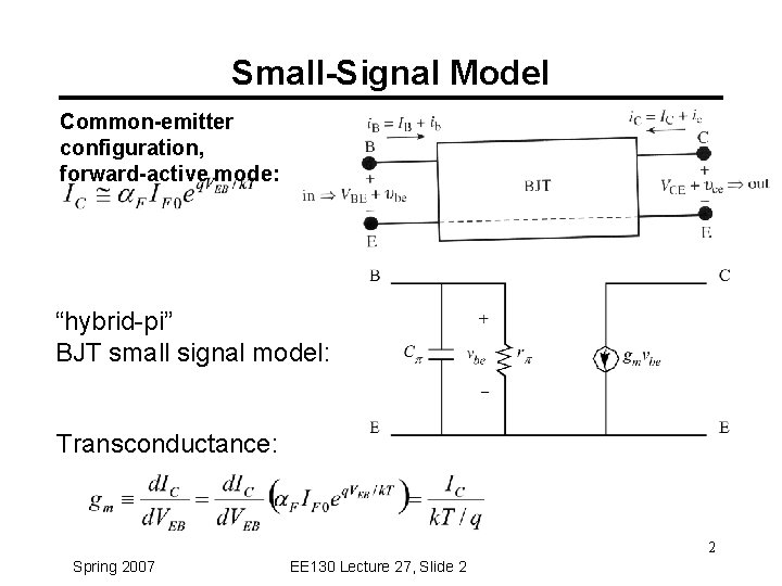 Small-Signal Model Common-emitter configuration, forward-active mode: “hybrid-pi” BJT small signal model: Transconductance: 2 Spring
