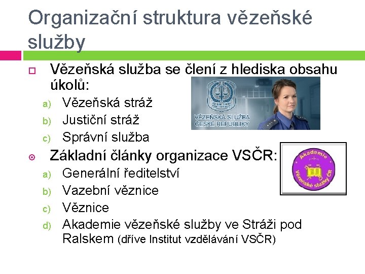 Organizační struktura vězeňské služby Vězeňská služba se člení z hlediska obsahu úkolů: a) b)