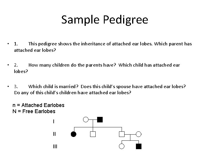 Sample Pedigree • 1. This pedigree shows the inheritance of attached ear lobes. Which