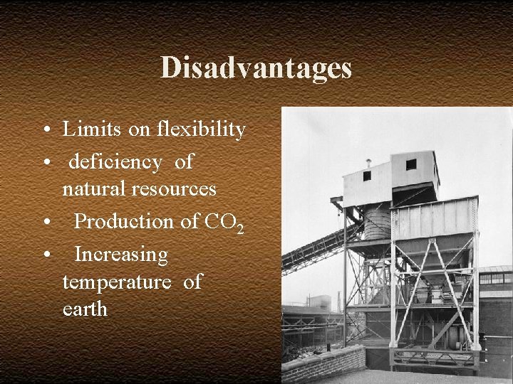 Disadvantages • Limits on flexibility • deficiency of natural resources • Production of CO