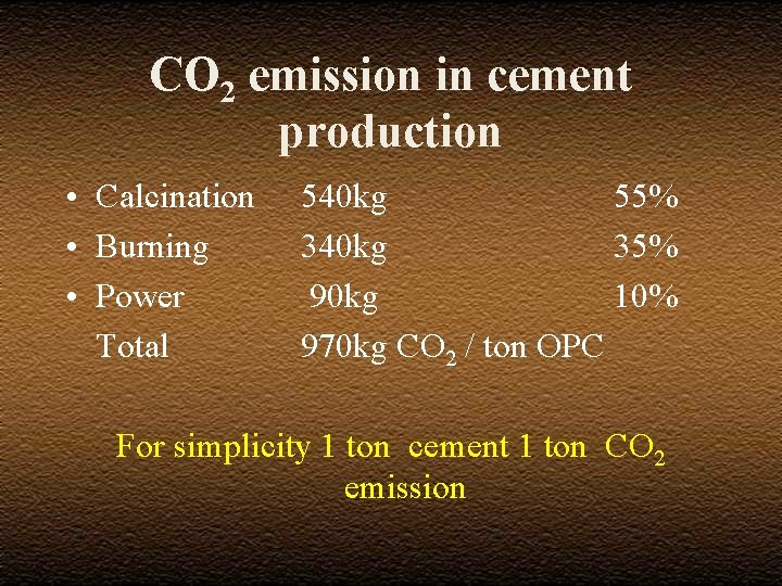 CO 2 emission in cement production • Calcination • Burning • Power Total 540