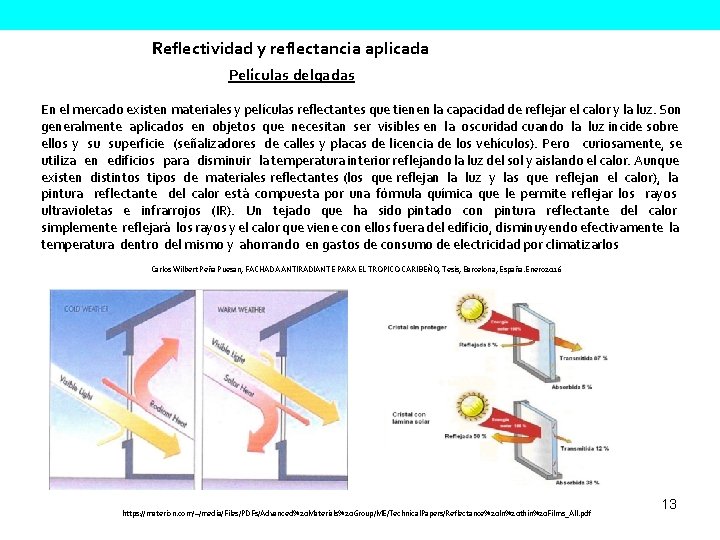 Reflectividad y reflectancia aplicada Películas delgadas En el mercado existen materiales y películas reflectantes