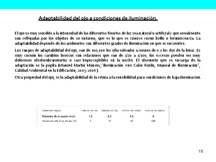 Adaptabilidad del ojo a condiciones de iluminación. El ojo es muy sensible a la