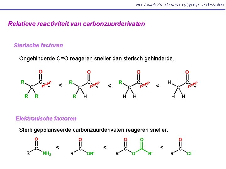Hoofdstuk XII: de carboxylgroep en derivaten Relatieve reactiviteit van carbonzuurderivaten Sterische factoren Ongehinderde C=O