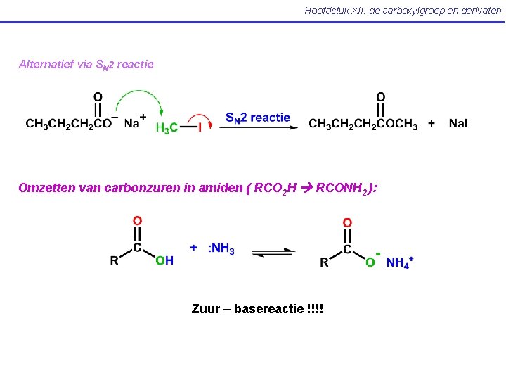 Hoofdstuk XII: de carboxylgroep en derivaten Alternatief via SN 2 reactie Omzetten van carbonzuren
