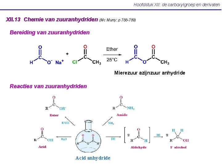Hoofdstuk XII: de carboxylgroep en derivaten XII. 13 Chemie van zuuranhydriden (Mc Murry: p