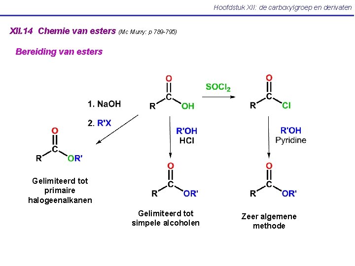 Hoofdstuk XII: de carboxylgroep en derivaten XII. 14 Chemie van esters (Mc Murry: p