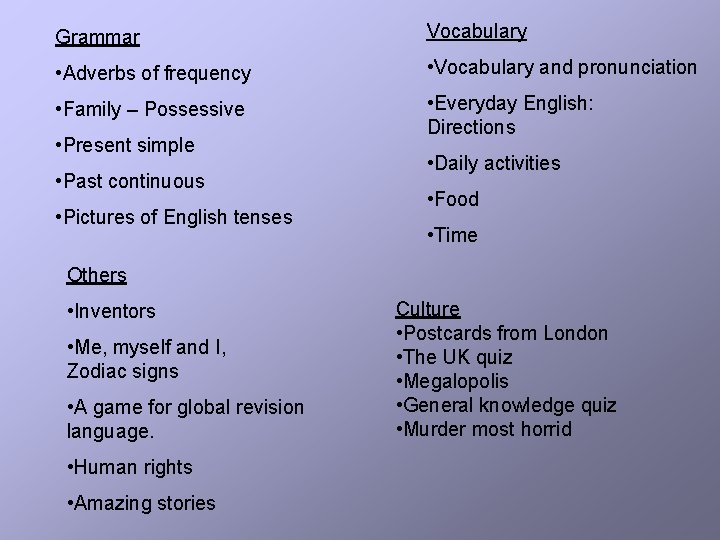 Grammar Vocabulary • Adverbs of frequency • Vocabulary and pronunciation • Family – Possessive