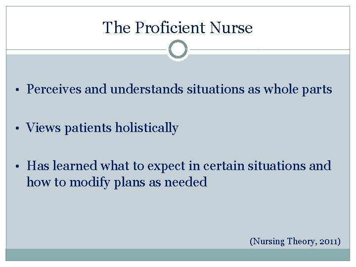 The Proficient Nurse • Perceives and understands situations as whole parts • Views patients