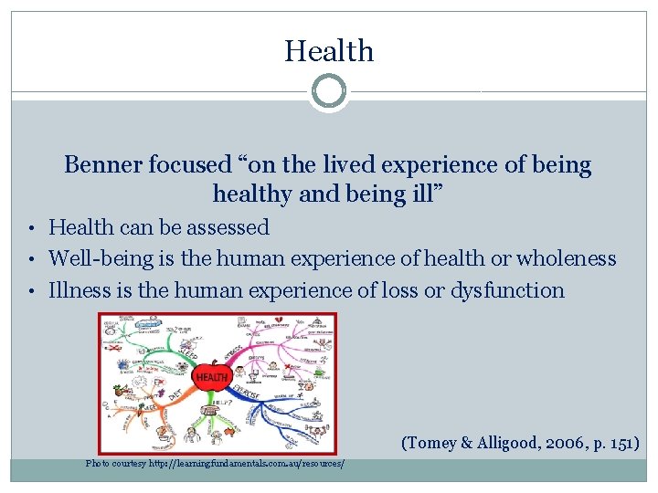 Health Benner focused “on the lived experience of being healthy and being ill” • Health Benner focused “on the lived experience of being healthy and being ill” •