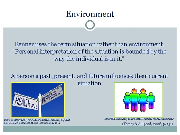 Environment Benner uses the term situation rather than environment. “Personal interpretation of the situation