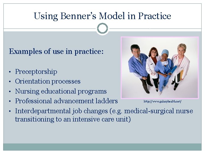 Using Benner’s Model in Practice Examples of use in practice: • Preceptorship • Orientation