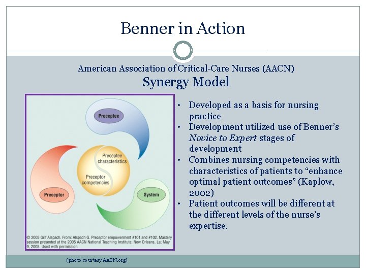 Benner in Action American Association of Critical-Care Nurses (AACN) Synergy Model • Developed as