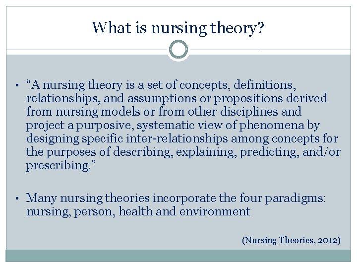 What is nursing theory? • “A nursing theory is a set of concepts, definitions, What is nursing theory? • “A nursing theory is a set of concepts, definitions,