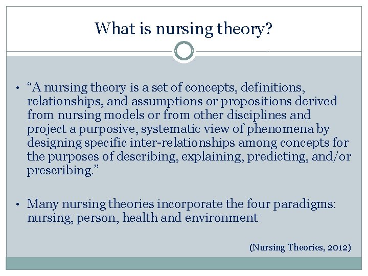 What is nursing theory? • “A nursing theory is a set of concepts, definitions,