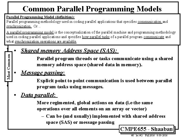 Common Parallel Programming Models Parallel Programming Model (definition): Parallel programming methodology used in coding