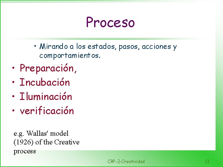 Proceso • Mirando a los estados, pasos, acciones y comportamientos. • • Preparación, Incubación