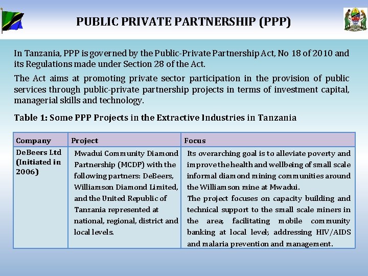 PUBLIC PRIVATE PARTNERSHIP (PPP) In Tanzania, PPP is governed by the Public-Private Partnership Act,