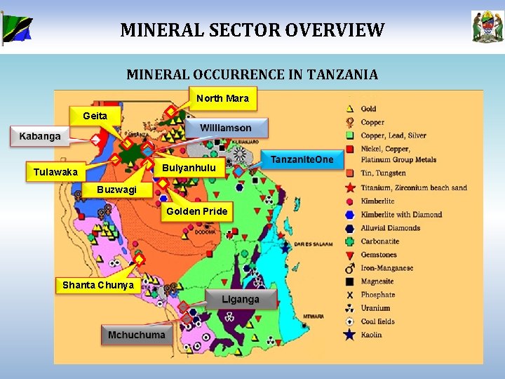 MINERAL SECTOR OVERVIEW MINERAL OCCURRENCE IN TANZANIA North Mara Geita Bulyanhulu Tulawaka Buzwagi Golden