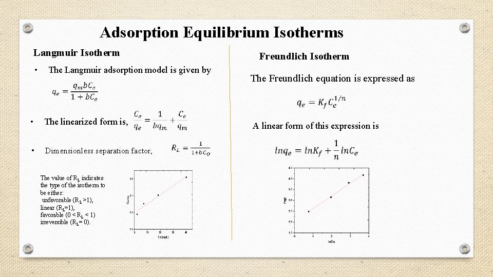 Adsorption Equilibrium Isotherms Langmuir Isotherm • Freundlich Isotherm The Langmuir adsorption model is given