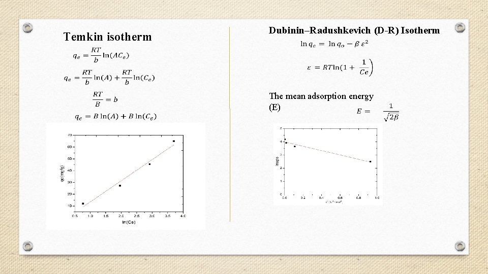 Temkin isotherm Dubinin–Radushkevich (D-R) Isotherm The mean adsorption energy (E) 