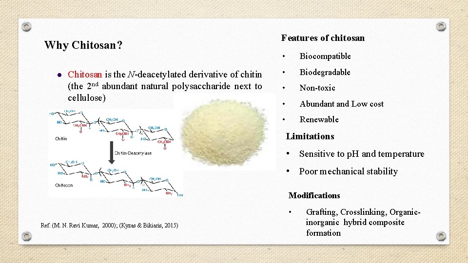 Why Chitosan? l Chitosan is the N-deacetylated derivative of chitin (the 2 nd