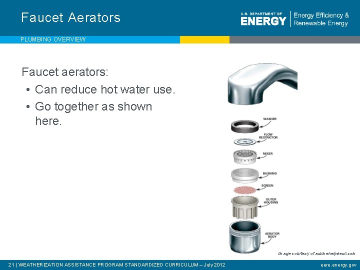 Faucet Aerators PLUMBING OVERVIEW Faucet aerators: • Can reduce hot water use. • Go