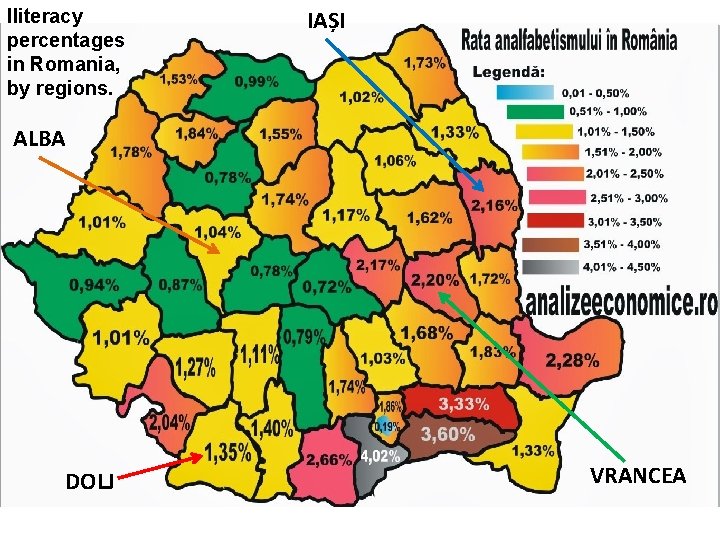 lliteracy percentages in Romania, by regions. IAȘI ALBA DOLJ VRANCEA 