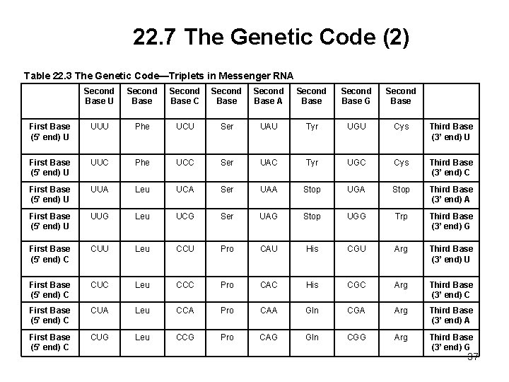 22. 7 The Genetic Code (2) Table 22. 3 The Genetic Code—Triplets in Messenger