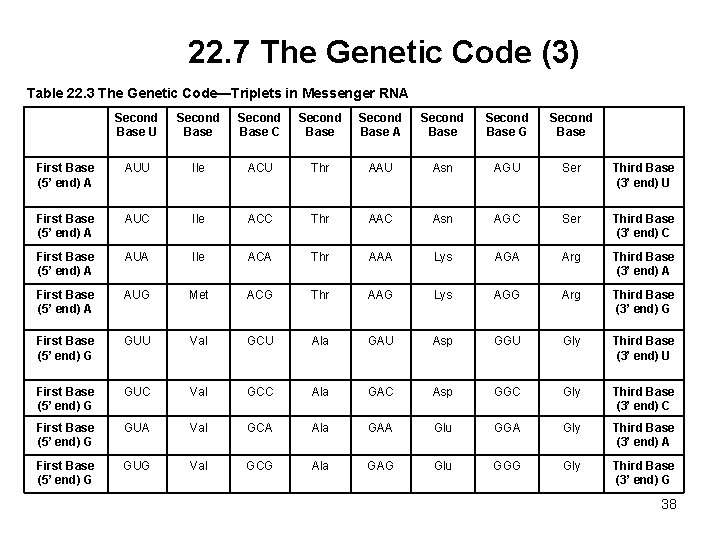 22. 7 The Genetic Code (3) Table 22. 3 The Genetic Code—Triplets in Messenger