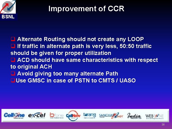 Improvement of CCR BSNL q Alternate Routing should not create any LOOP q If