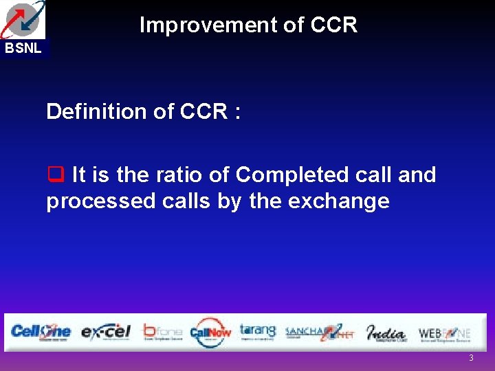 Improvement of CCR BSNL Definition of CCR : q It is the ratio of