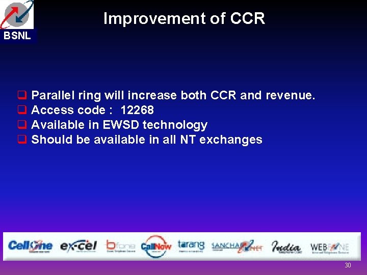 Improvement of CCR BSNL q Parallel ring will increase both CCR and revenue. q