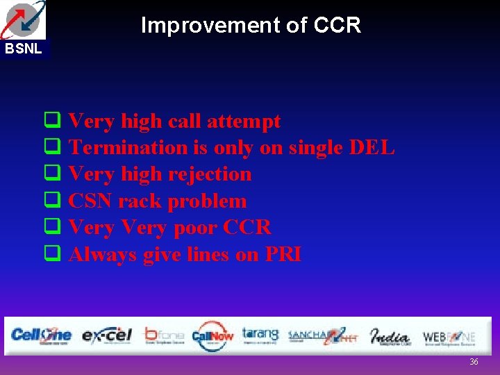 Improvement of CCR BSNL q Very high call attempt q Termination is only on