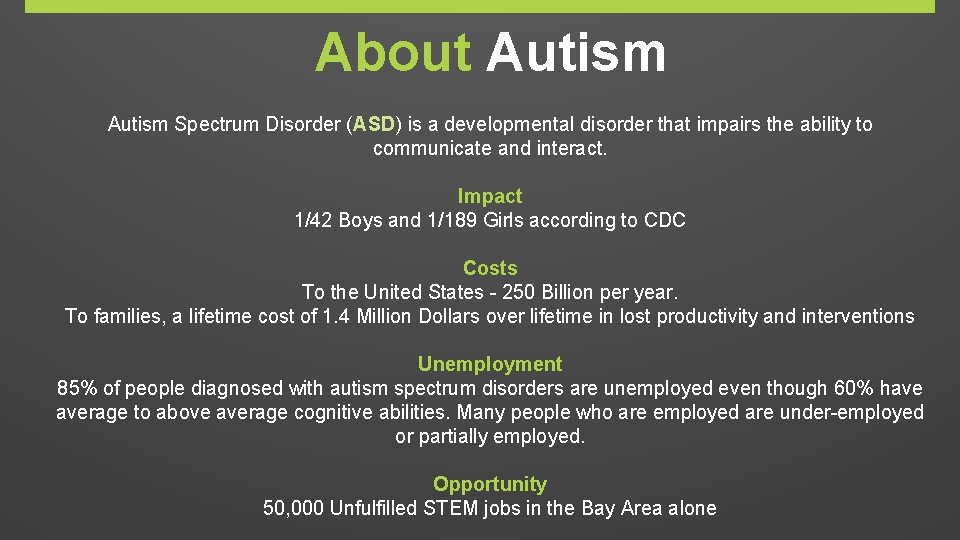 About Autism Spectrum Disorder (ASD) is a developmental disorder that impairs the ability to