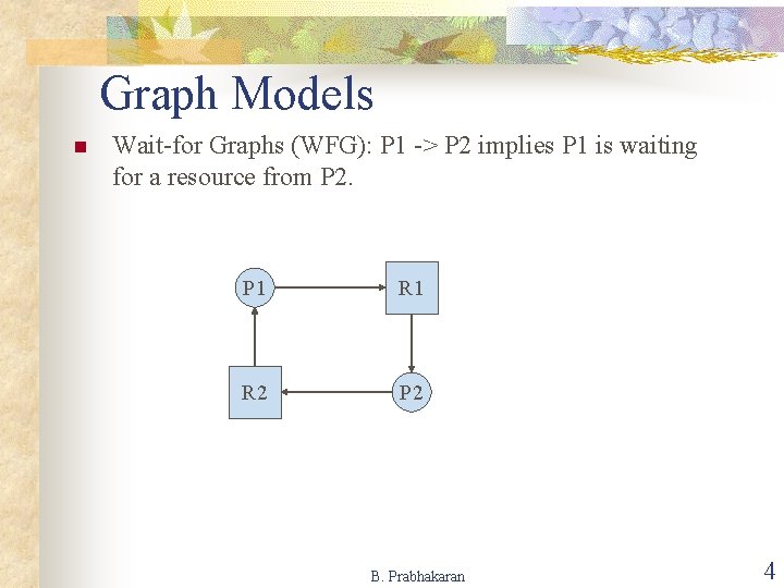 Graph Models n Wait-for Graphs (WFG): P 1 -> P 2 implies P 1