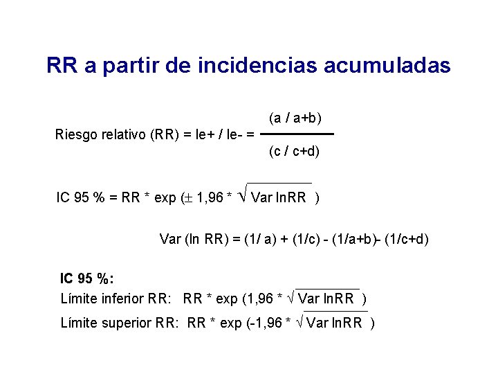 RR a partir de incidencias acumuladas (a / a+b) Riesgo relativo (RR) = Ie+