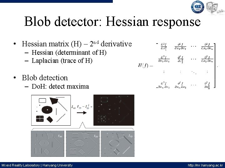 Blob detector: Hessian response • Hessian matrix (H) – 2 nd derivative – Hessian