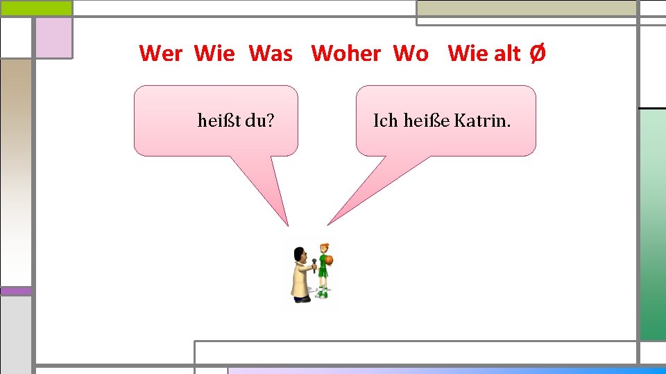 Wer Wie Was Woher Wo Wie alt Ø heißt du? Ich heiße Katrin. 