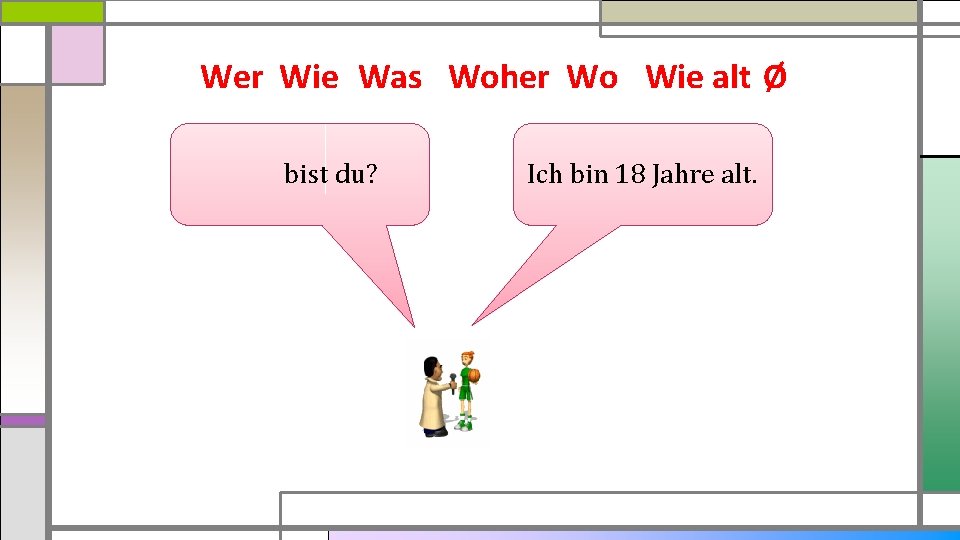 Wer Wie Was Woher Wo Wie alt Ø bist du? Ich bin 18 Jahre