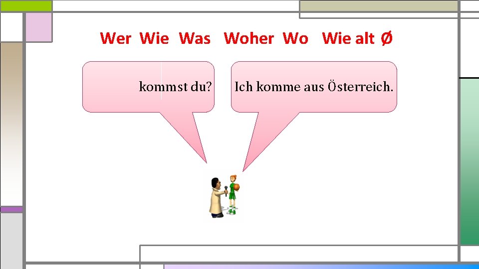 Wer Wie Was Woher Wo Wie alt Ø kommst du? Ich komme aus Österreich.