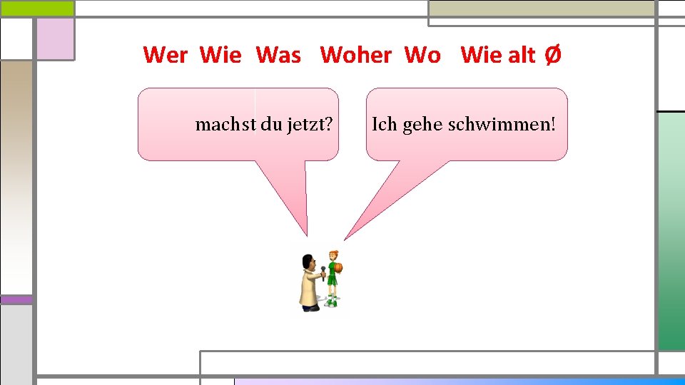 Wer Wie Was Woher Wo Wie alt Ø machst du jetzt? Ich gehe schwimmen!