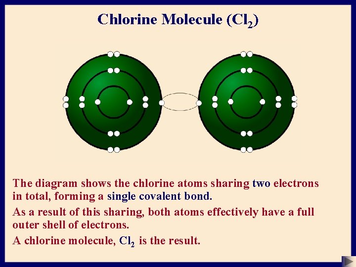 Chlorine Molecule (Cl 2) The diagram shows the chlorine atoms sharing two electrons in