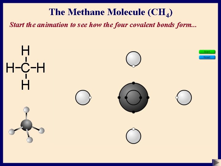 The Methane Molecule (CH 4) Start the animation to see how the four covalent