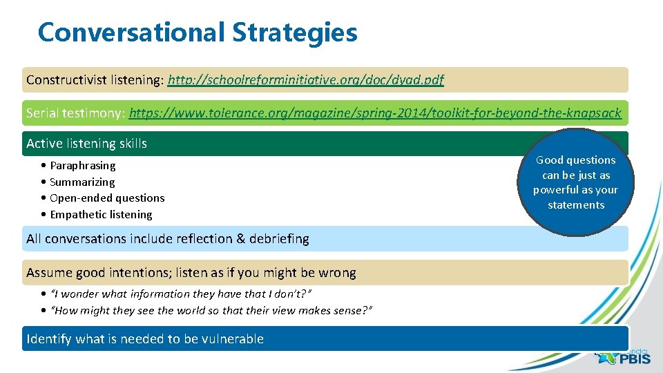 Conversational Strategies Constructivist listening: http: //schoolreforminitiative. org/doc/dyad. pdf Serial testimony: https: //www. tolerance. org/magazine/spring-2014/toolkit-for-beyond-the-knapsack